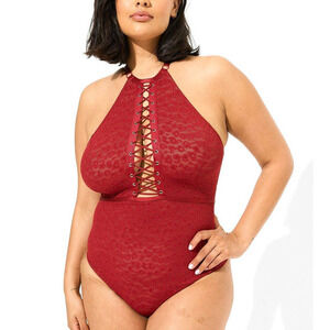 Torrid 4 (4X 26) Sexy Red Leopard Busty Lace Up‎ One Piece Lingerie Bodysuit